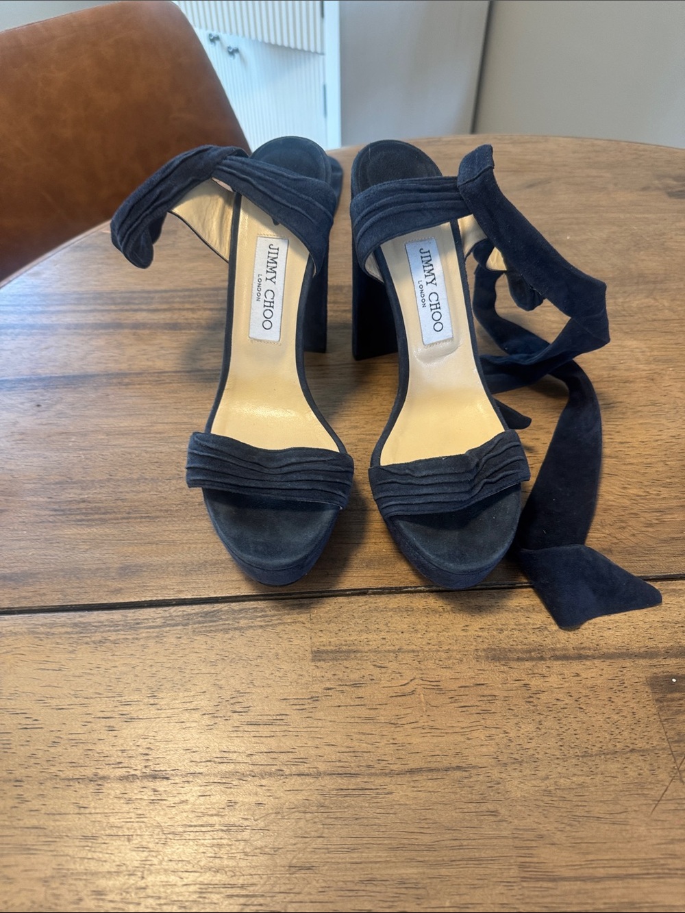 Jimmy Choo Navy Suede Wrap-Around Block Heel Sandals